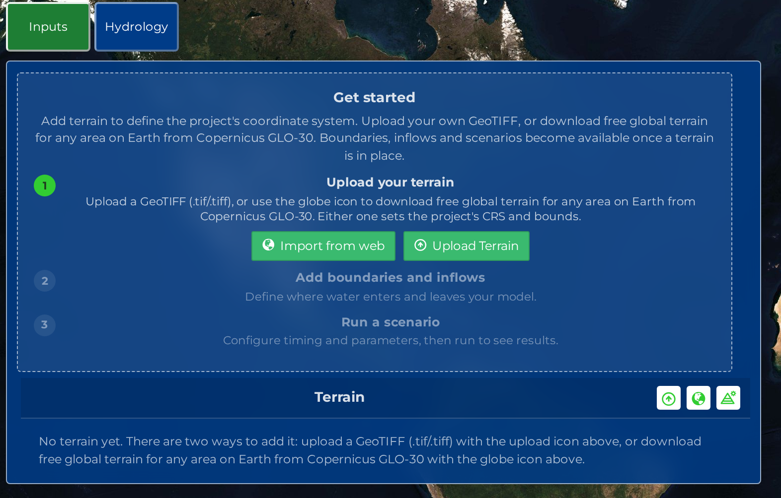 A new project: only Inputs and Hydrology in the toolbar, and the Get started card listing the first three moves