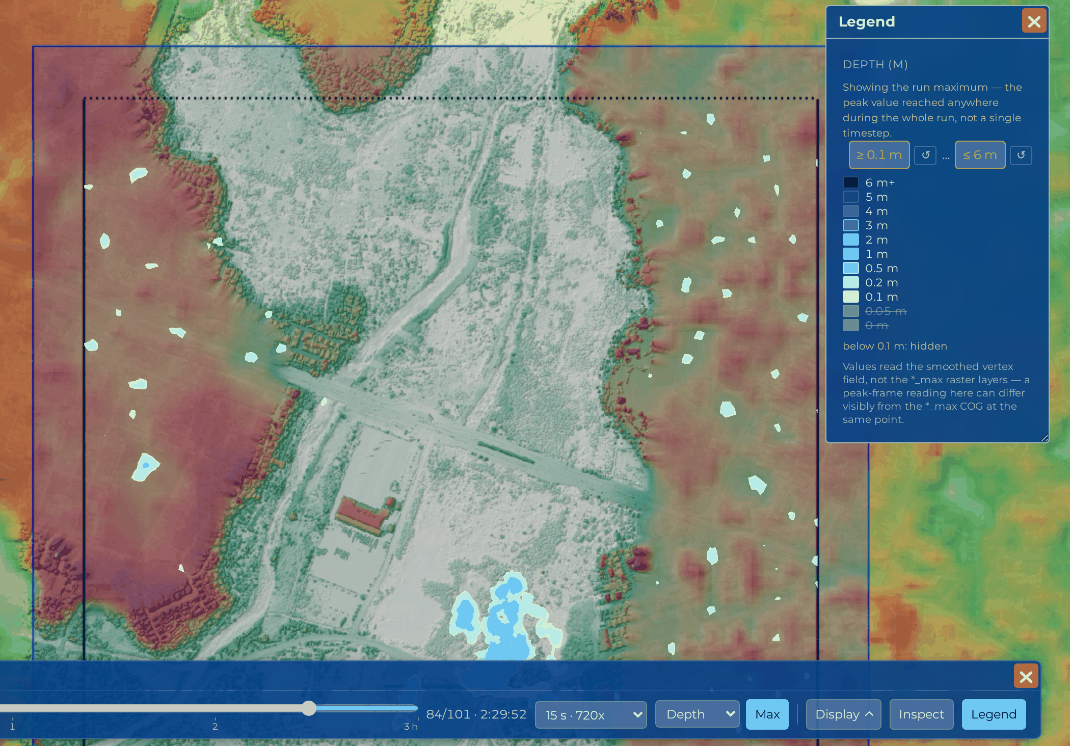 Maximum depth over the terrain: the Max view in the player, with the Legend open
