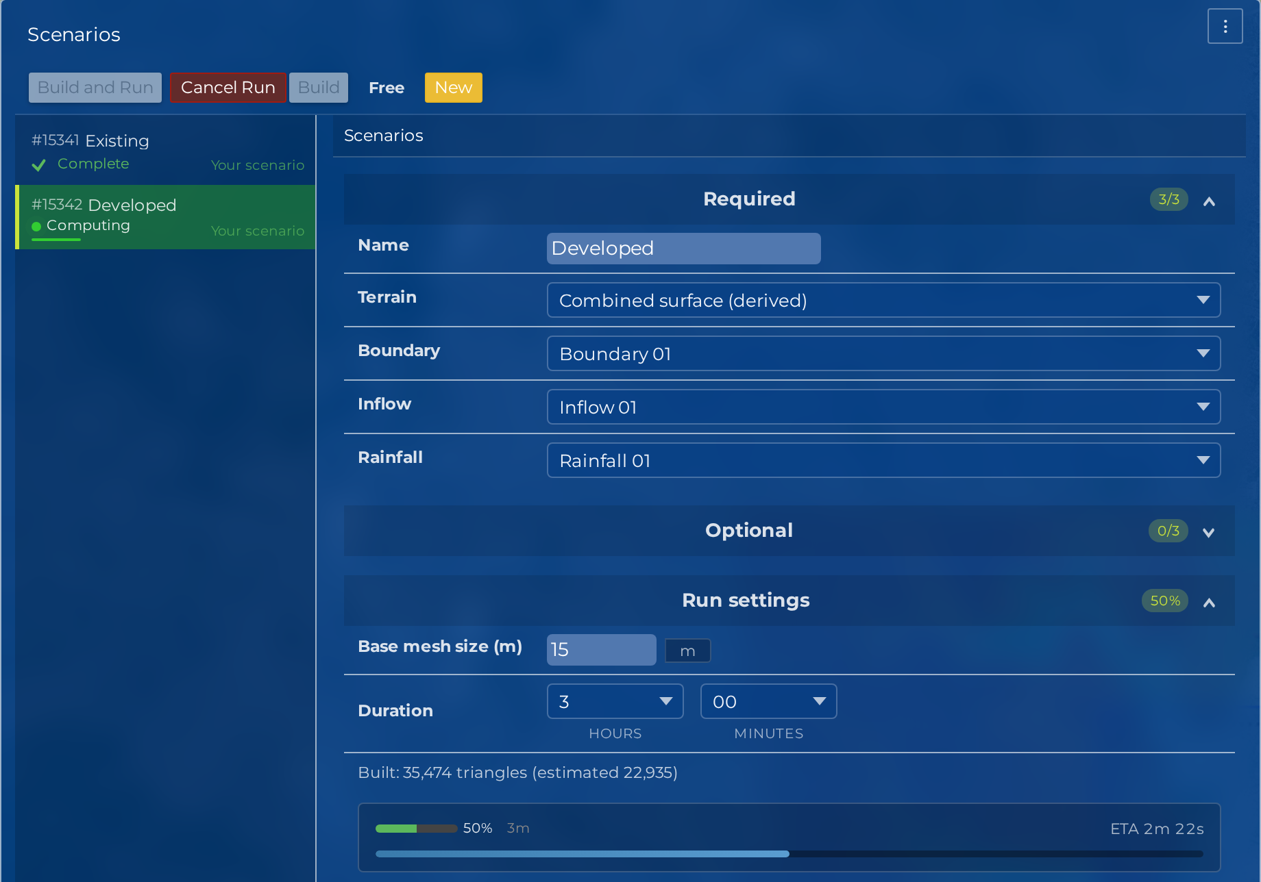 A Run computing: the card says Computing, the Run button has become Cancel Run, and the status card shows the percentage and the ETA