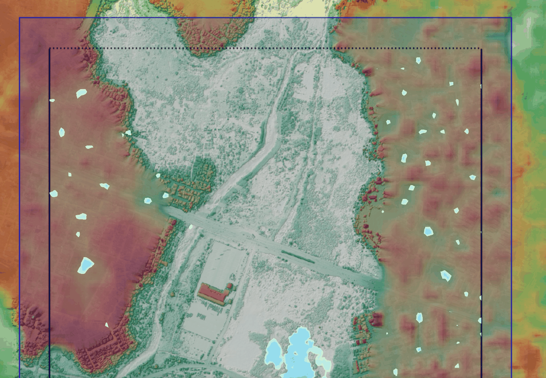 The peak depth view over the terrain: dry ground stays transparent, shallow water is hidden, ponds read from pale to dark blue