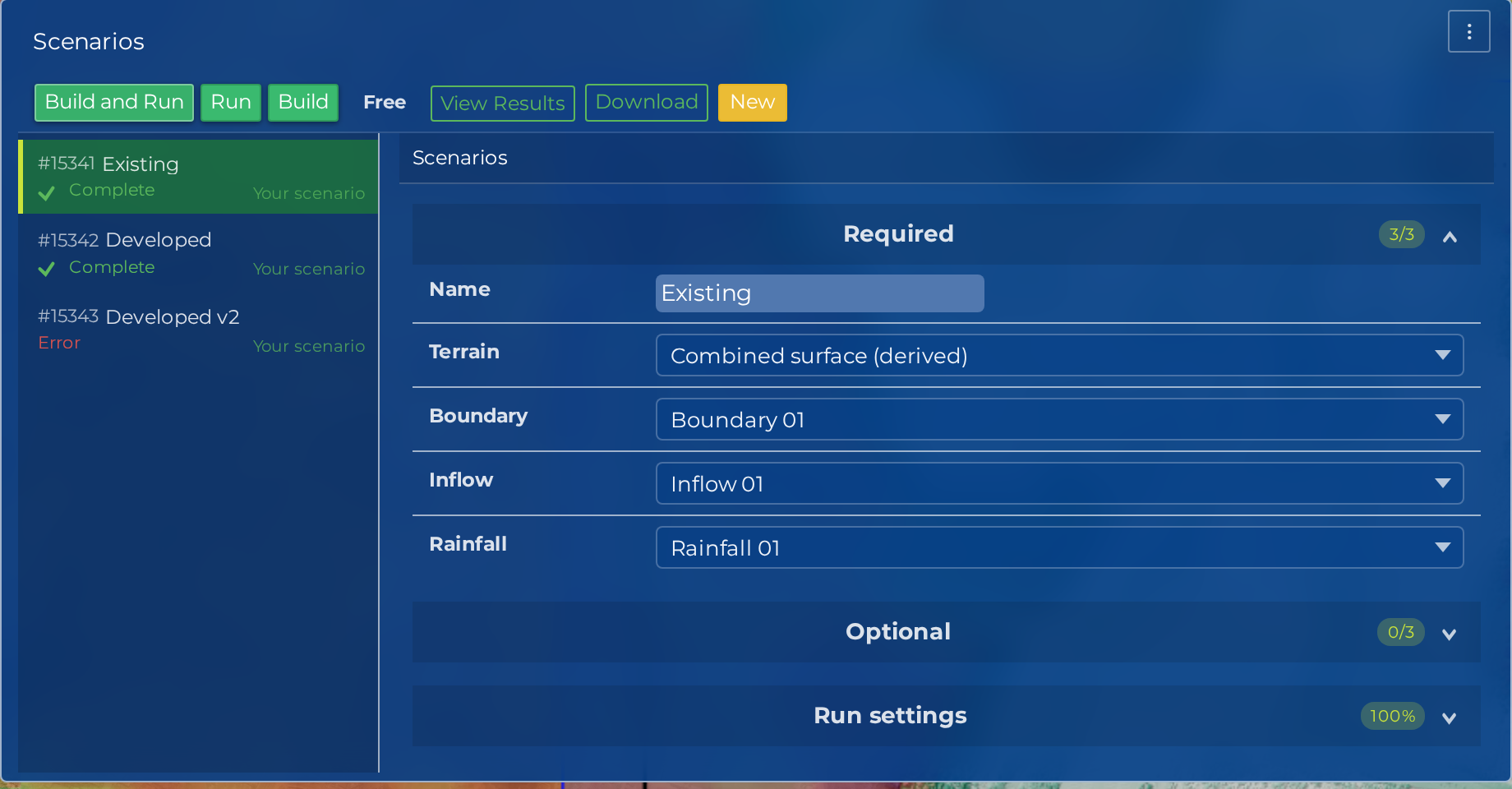 The Scenarios panel: Build and Run, Run and Build in the header strip, and three Scenarios in the rail with their status, Complete, Complete and Error