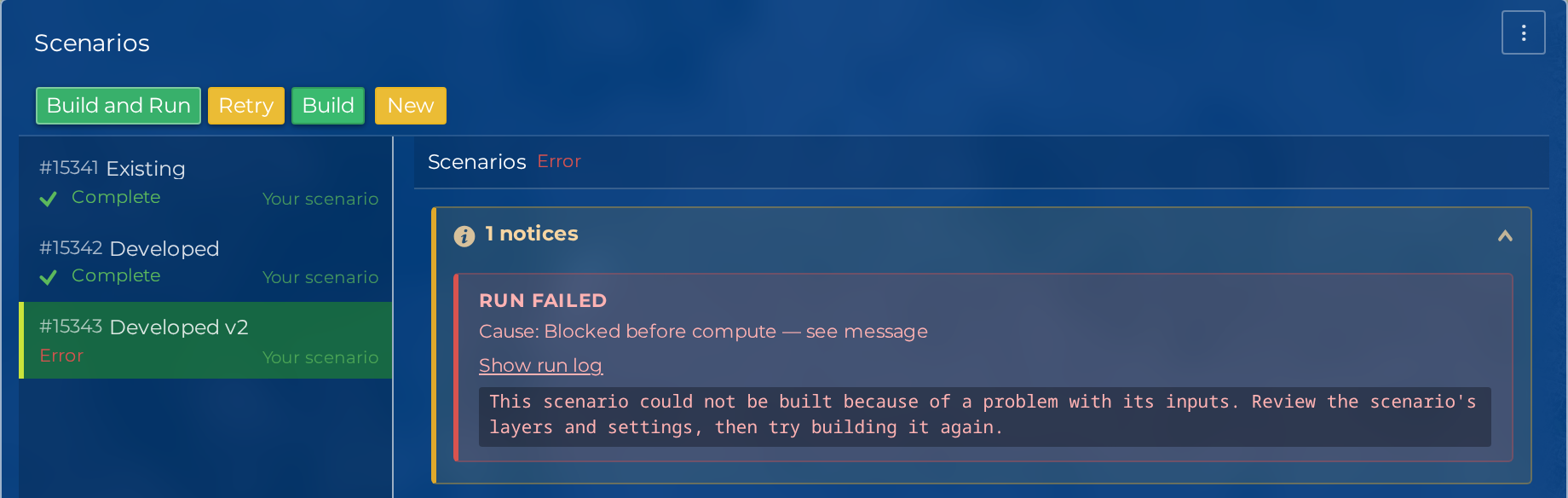 A failed Scenario: Error in the rail, Retry in the header strip, and the Run failed strip with its cause line, Show run log, and the message