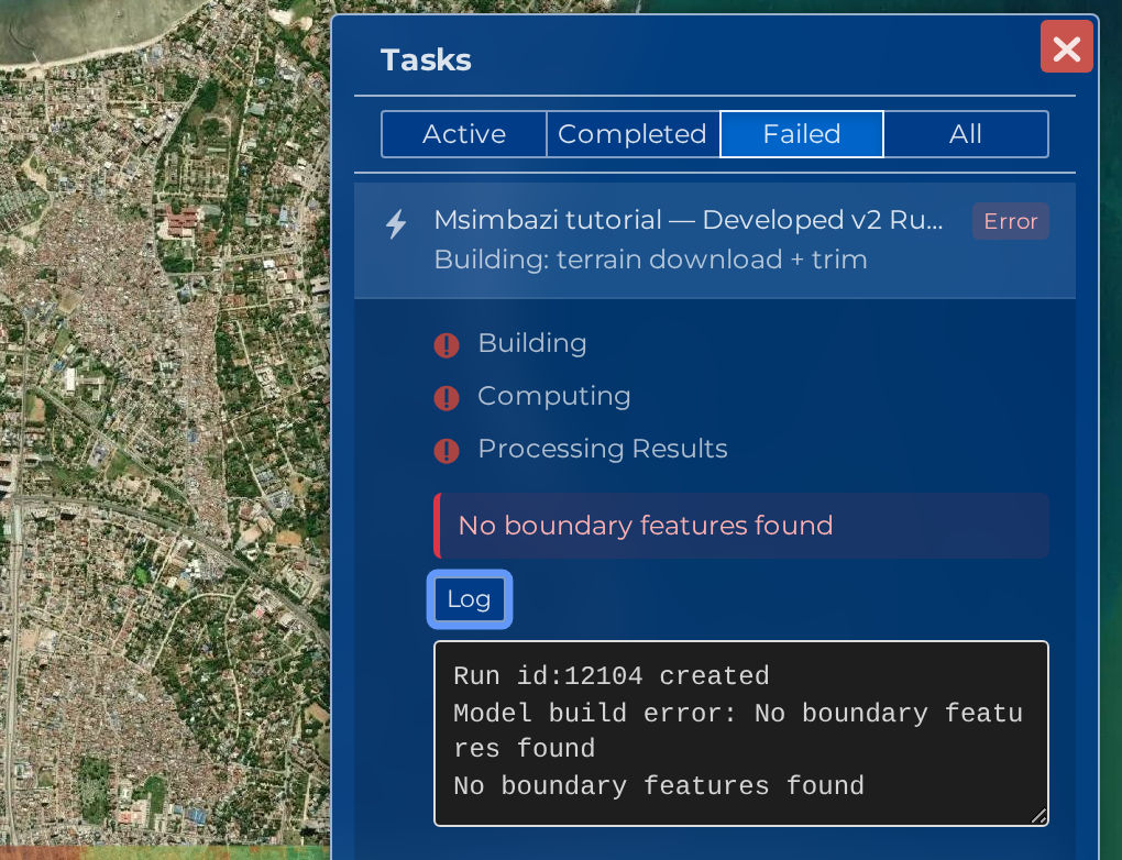 The Tasks panel filtered to Failed, with a failed build expanded: the phases, the message, and the Log opened